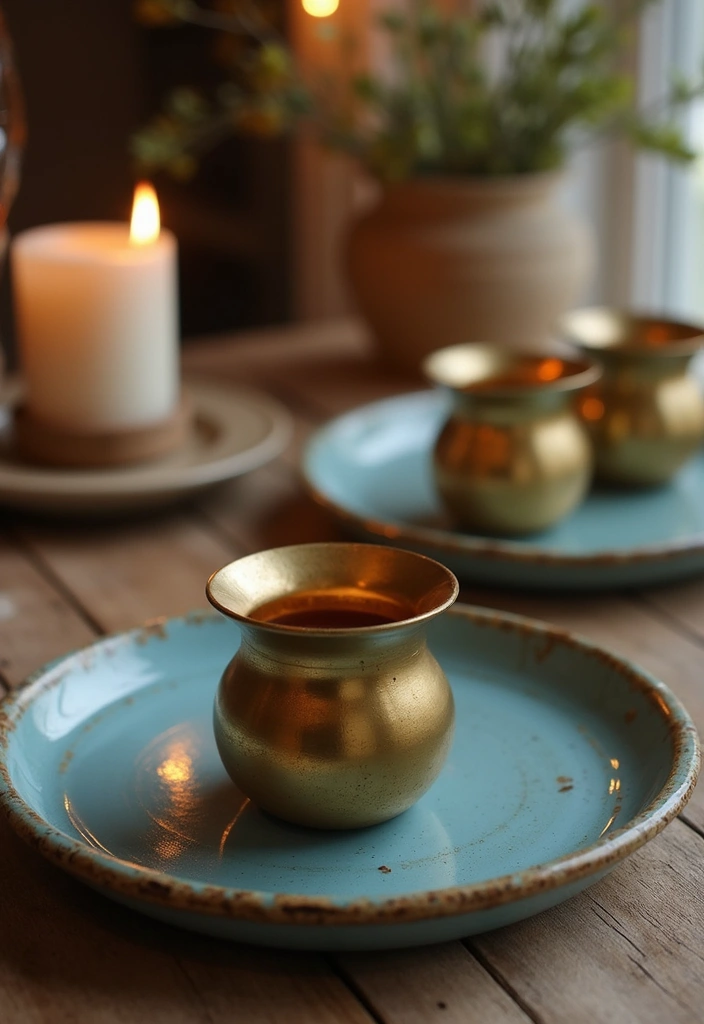 30 Brass Candle Holder Decor Ideas for Vintage Glam Vibes 36 30 Brass Candle Holder Decor Ideas for Vintage Glam Vibes - 6. Brass Candle Holders with Blue Ceramic Plates