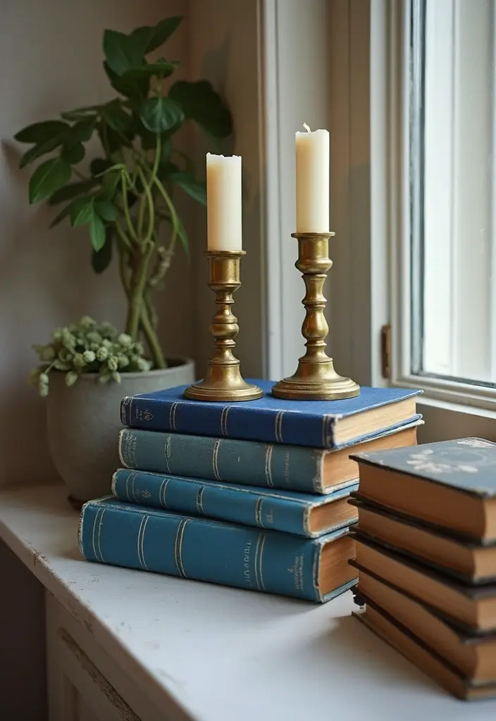 30 Brass Candle Holder Decor Ideas for Vintage Glam Vibes 43 30 Brass Candle Holder Decor Ideas for Vintage Glam Vibes - 7. Unique Brass Holders with Vintage Blue Books
