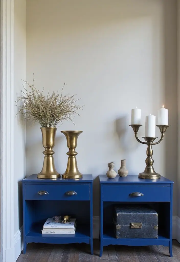 30 Brass Candle Holder Decor Ideas for Vintage Glam Vibes 50 30 Brass Candle Holder Decor Ideas for Vintage Glam Vibes - 8. Statement Brass Candle Holders on Blue Side Tables
