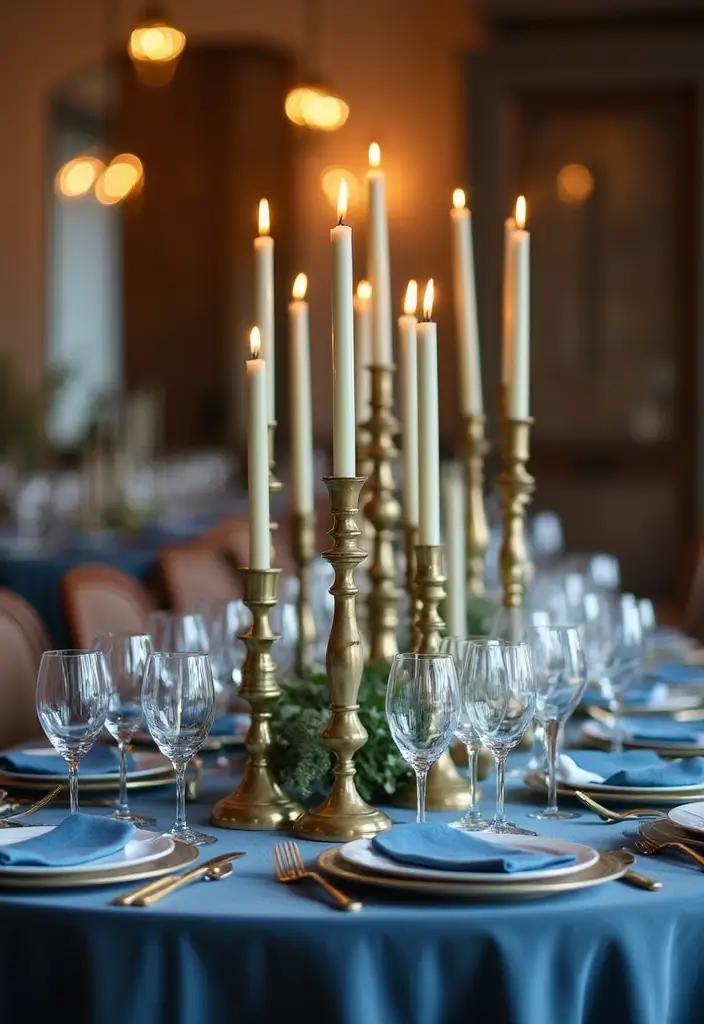 30 Brass Candle Holder Decor Ideas for Vintage Glam Vibes 57 30 Brass Candle Holder Decor Ideas for Vintage Glam Vibes - 9. Clustered Brass Candle Holders with Blue Table Settings
