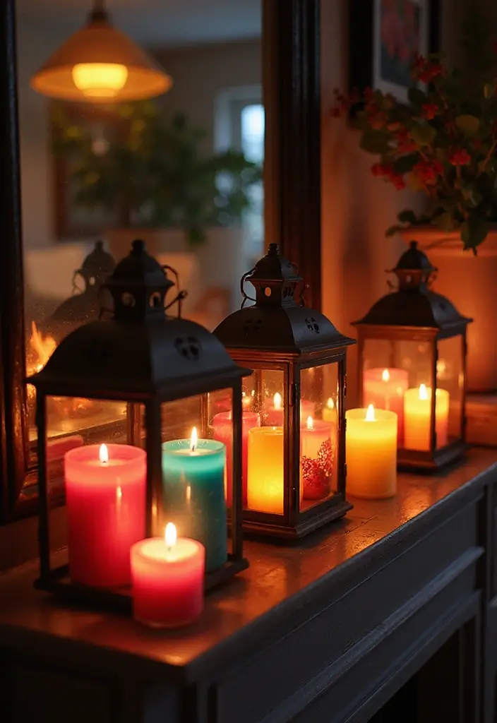 30 Candle Lantern Decor Ideas to Brighten Up Your Living Room 47 30 Candle Lantern Decor Ideas to Brighten Up Your Living Room - 11. Lanterns with Colorful Candles