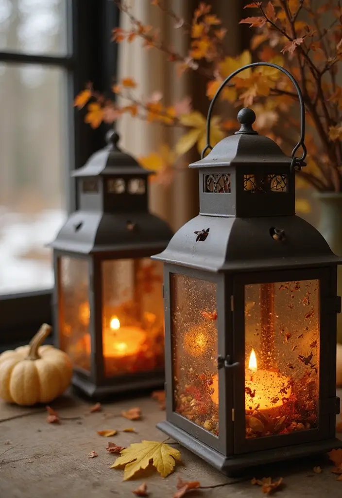 30 Candle Lantern Decor Ideas to Brighten Up Your Living Room 82 30 Candle Lantern Decor Ideas to Brighten Up Your Living Room - 24. Lanterns with Seasonal Accents