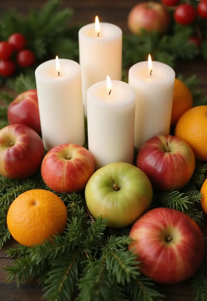 30 Candlestick Christmas Decor Ideas for a Festive Glow 48 30 Candlestick Christmas Decor Ideas for a Festive Glow - 10. Candle and Fruit Centerpiece