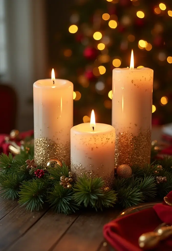 30 Candlestick Christmas Decor Ideas for a Festive Glow 63 30 Candlestick Christmas Decor Ideas for a Festive Glow - 13. Glitter and Glamour