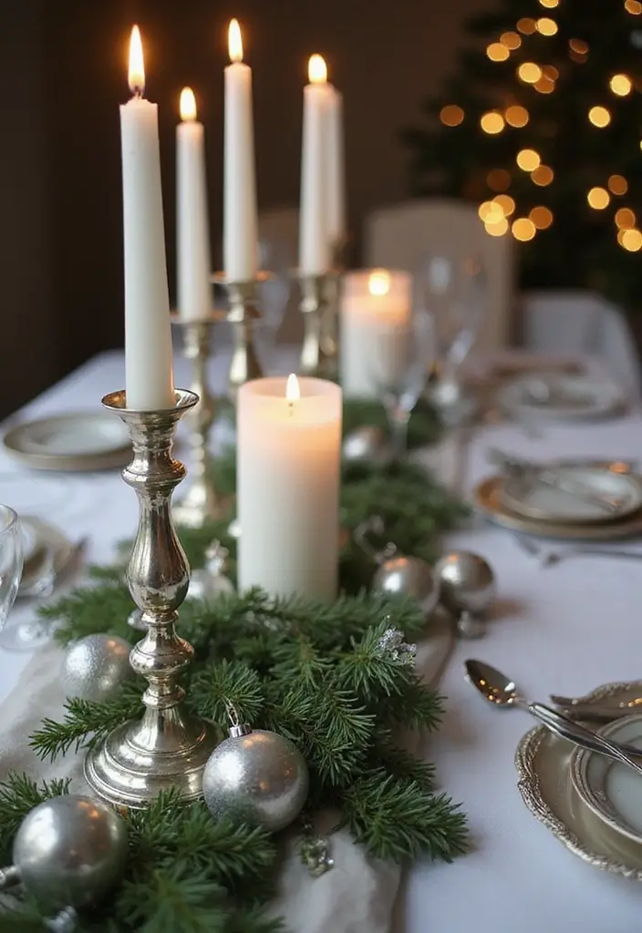 30 Candlestick Christmas Decor Ideas for a Festive Glow 4 30 Candlestick Christmas Decor Ideas for a Festive Glow - 2. Elegant Silver and Greenery