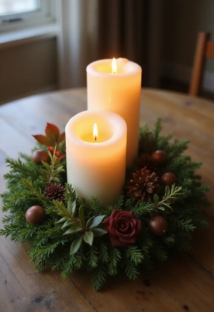 30 Candlestick Christmas Decor Ideas for a Festive Glow 71 30 Candlestick Christmas Decor Ideas for a Festive Glow - 21. Candle and Greenery Wreaths