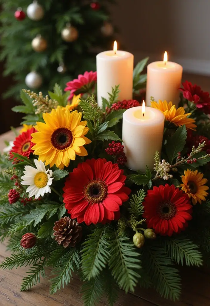30 Candlestick Christmas Decor Ideas for a Festive Glow 73 30 Candlestick Christmas Decor Ideas for a Festive Glow - 23. Candle Displays with Seasonal Flowers