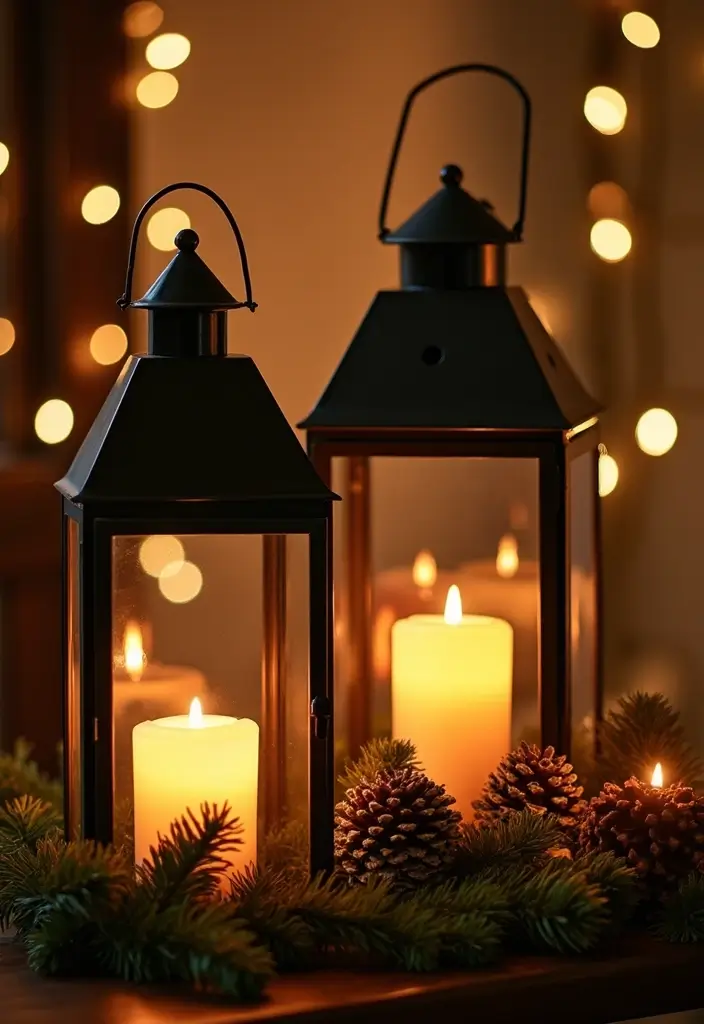 30 Candlestick Christmas Decor Ideas for a Festive Glow 34 30 Candlestick Christmas Decor Ideas for a Festive Glow - 8. Lanterns with Candles and Greenery