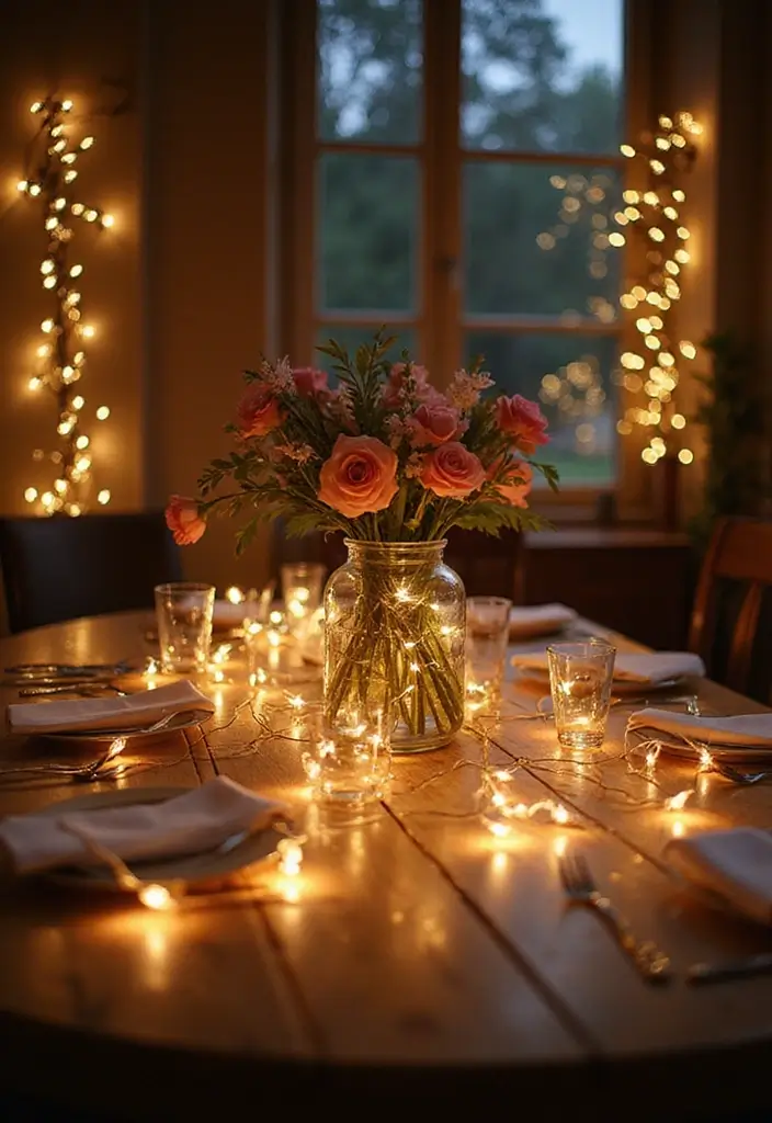 30 Flower and Candle Table Decor Ideas for Romantic Settings 62 30 Flower and Candle Table Decor Ideas for Romantic Settings - 12. Whimsical Fairy Light and Floral Combo
