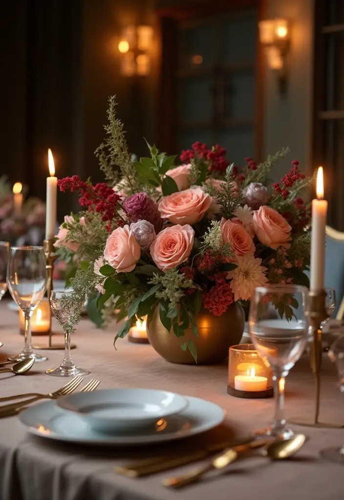 30 Flower and Candle Table Decor Ideas for Romantic Settings 69 30 Flower and Candle Table Decor Ideas for Romantic Settings - 13. Statement Floral Centerpiece