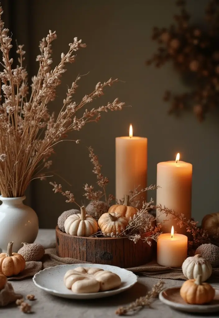 30 Flower and Candle Table Decor Ideas for Romantic Settings 76 30 Flower and Candle Table Decor Ideas for Romantic Settings - 14. Dried Flowers with Rustic Candles