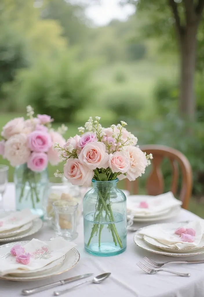 30 Flower and Candle Table Decor Ideas for Romantic Settings 2 30 Flower and Candle Table Decor Ideas for Romantic Settings - 2. Vintage Glass Vases with Delicate Blooms