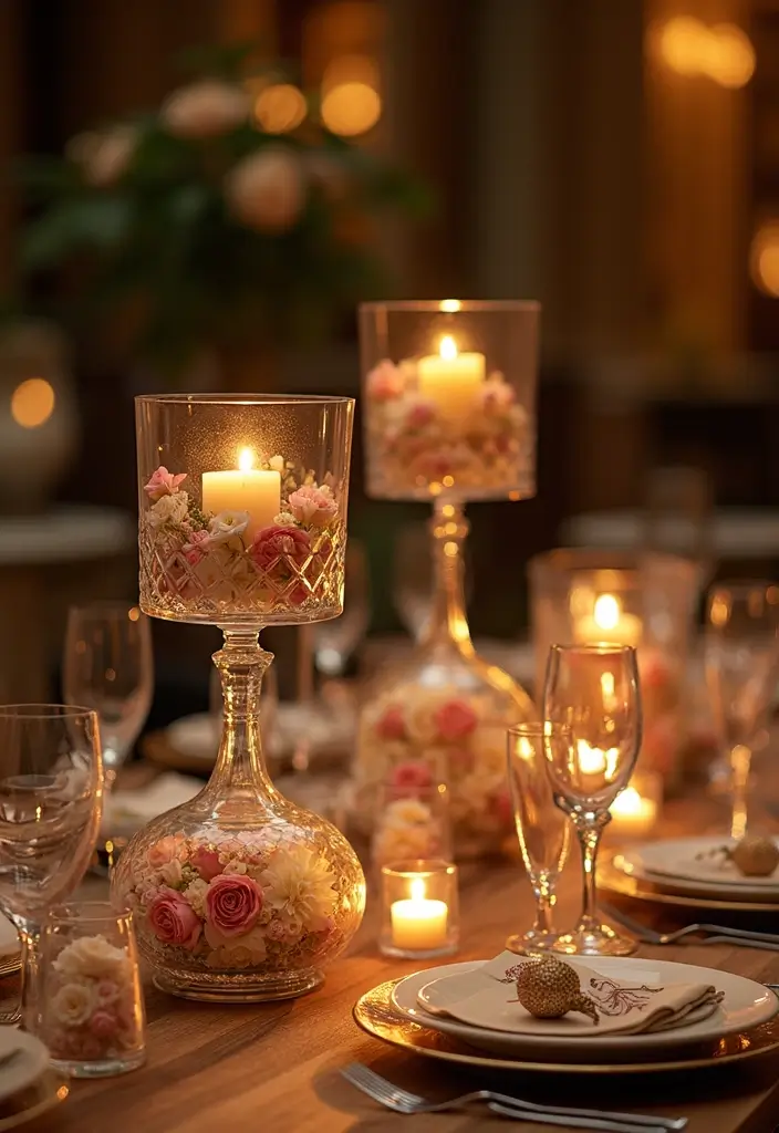 30 Flower and Candle Table Decor Ideas for Romantic Settings 125 30 Flower and Candle Table Decor Ideas for Romantic Settings - 21. Layered Glass and Floral Layers