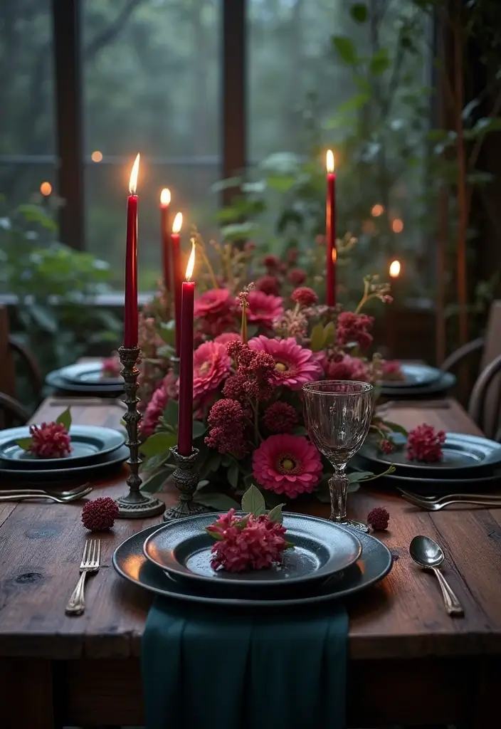 30 Flower and Candle Table Decor Ideas for Romantic Settings 167 30 Flower and Candle Table Decor Ideas for Romantic Settings - 27. Enchanted Forest with Deep Hues