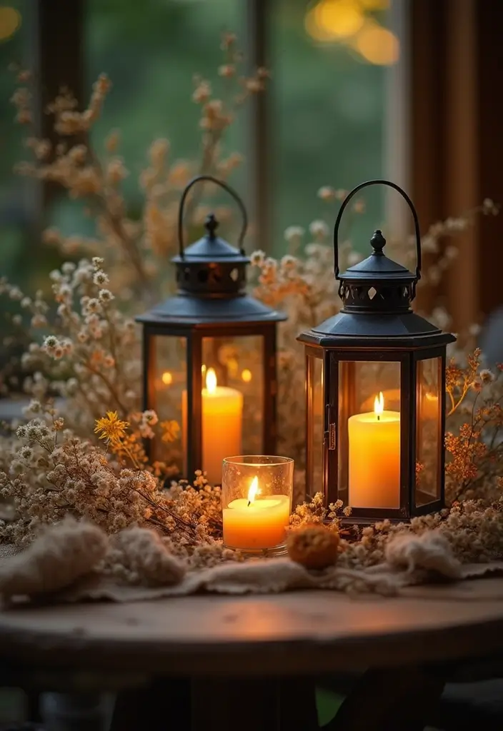 30 Flower and Candle Table Decor Ideas for Romantic Settings 9 30 Flower and Candle Table Decor Ideas for Romantic Settings - 3. Candlelit Lanterns with Wildflowers