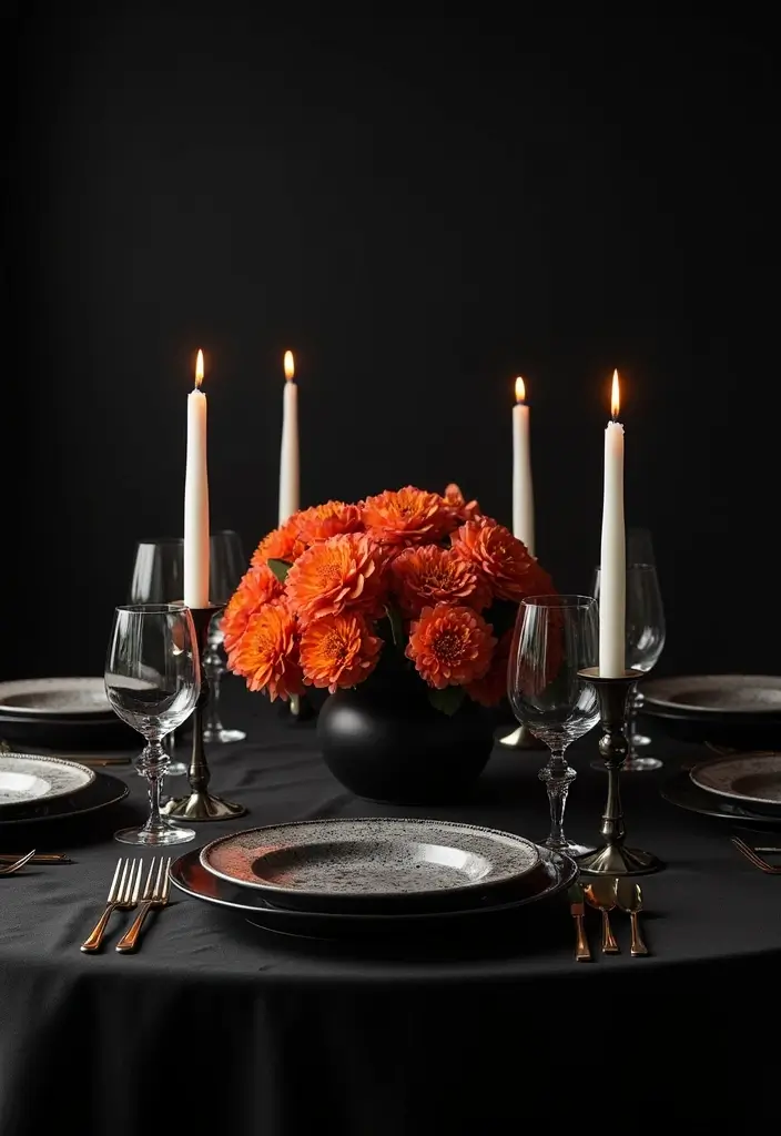 30 Flower and Candle Table Decor Ideas for Romantic Settings 188 30 Flower and Candle Table Decor Ideas for Romantic Settings - 30. Dramatic Black Table with Bright Flowers