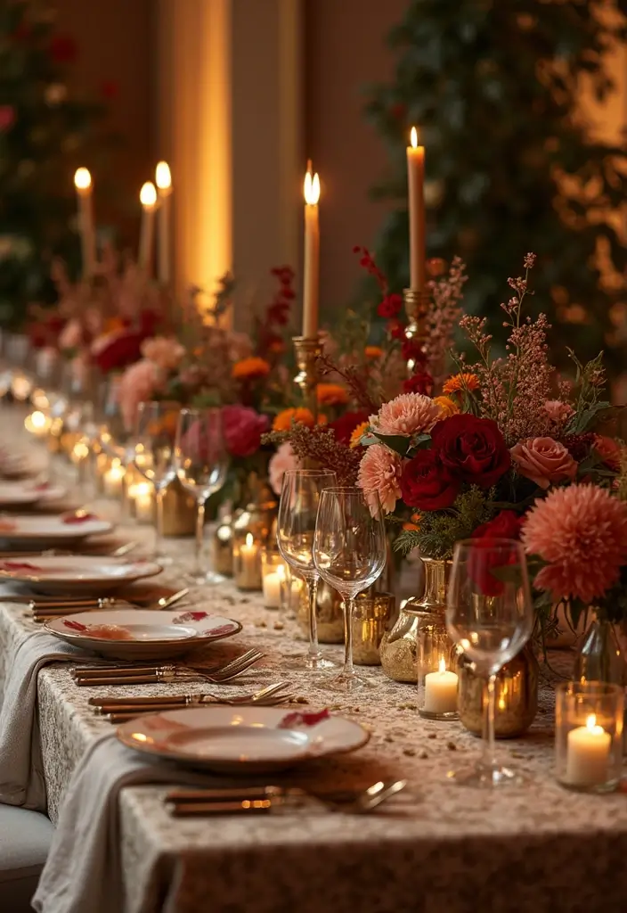 30 Flower and Candle Table Decor Ideas for Romantic Settings 41 30 Flower and Candle Table Decor Ideas for Romantic Settings - 9. Metallic Accents with Floral Arrangements