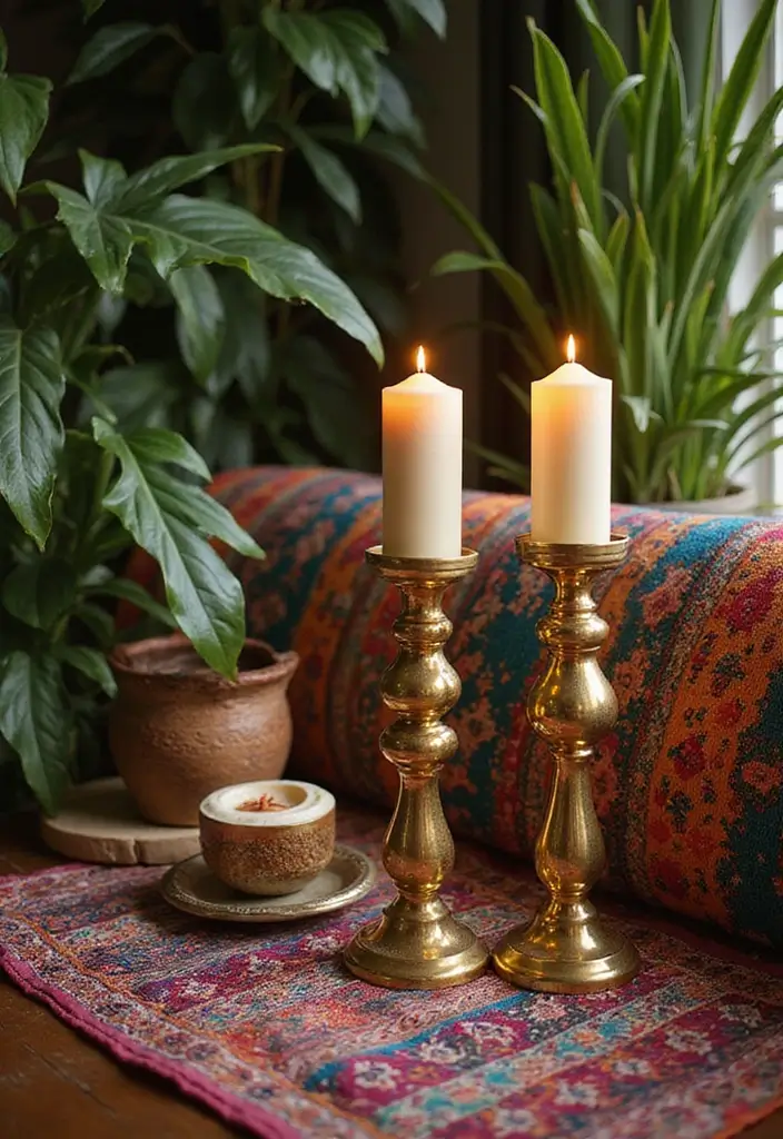 30 Gold Candle Holder Decor Ideas That Shine in Every Space 40 30 Gold Candle Holder Decor Ideas That Shine in Every Space - 18. Gold Candle Holders in Bohemian Decor