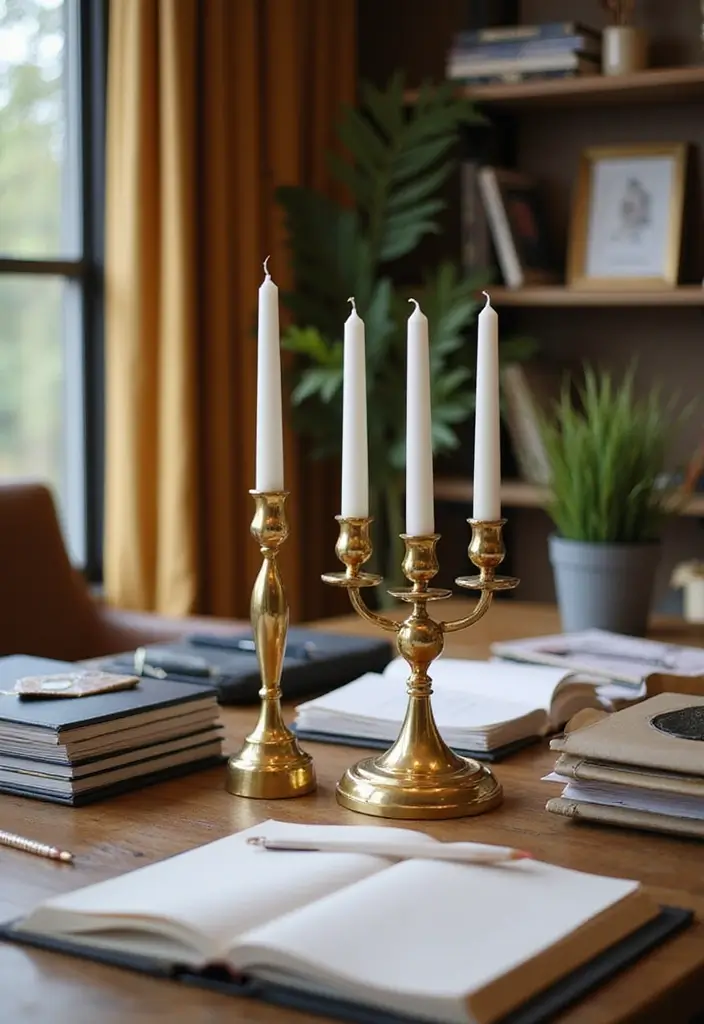 30 Gold Candle Holder Decor Ideas That Shine in Every Space 65 30 Gold Candle Holder Decor Ideas That Shine in Every Space - 23. Incorporating Gold Candle Holders in Office Decor