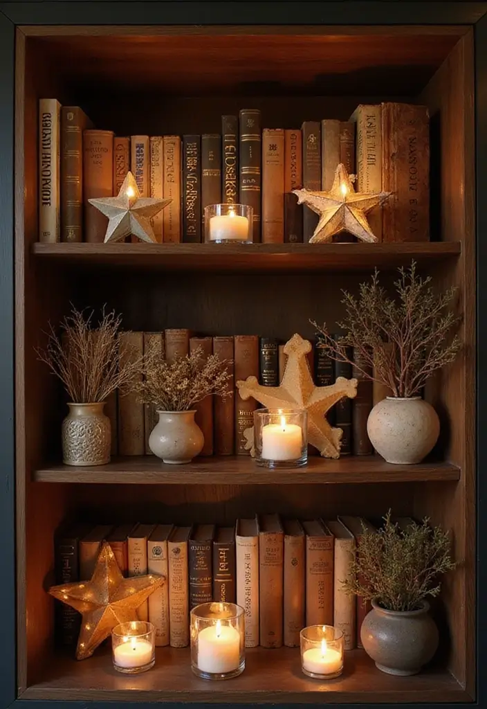 30+ Home Decor Ideas Featuring Star Candle Holders for Magical Nights 71 30+ Home Decor Ideas Featuring Star Candle Holders for Magical Nights - 25. Star Candle Holders on Bookshelves