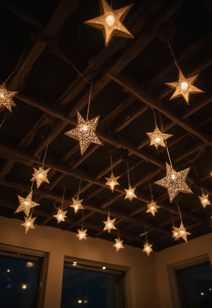 30+ Home Decor Ideas Featuring Star Candle Holders for Magical Nights 23 30+ Home Decor Ideas Featuring Star Candle Holders for Magical Nights - 9. Starry Roof Decor