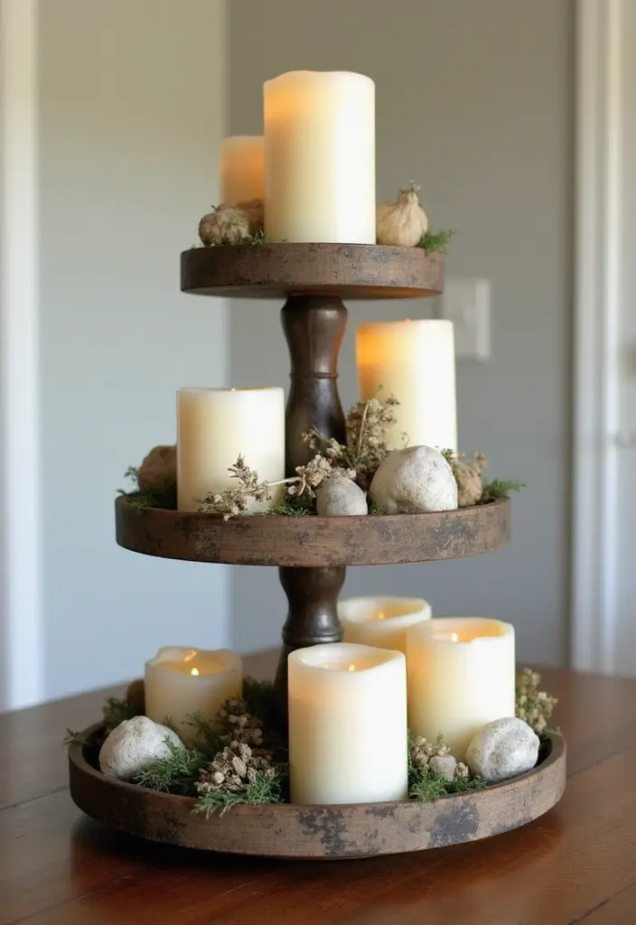 30+ Large Candle Holder Centerpiece Ideas That Wow Instantly 45 30+ Large Candle Holder Centerpiece Ideas That Wow Instantly - 11. Rustic Tiered Tray Displays