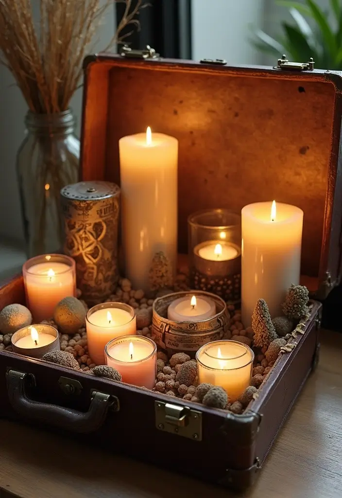 30+ Large Candle Holder Centerpiece Ideas That Wow Instantly 160 30+ Large Candle Holder Centerpiece Ideas That Wow Instantly - 30. Vintage Suitcase Candle Holder Display