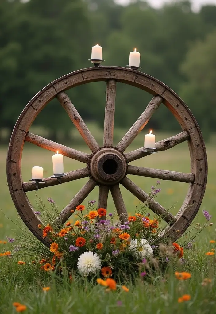 30+ Large Candle Holder Centerpiece Ideas That Wow Instantly 29 30+ Large Candle Holder Centerpiece Ideas That Wow Instantly - 7. Rustic Wagon Wheel Centerpiece