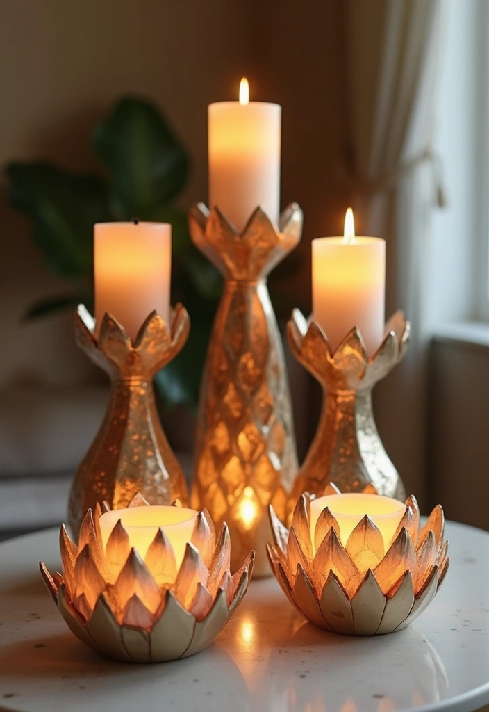 30 Metal Candle Stand Decor Ideas That Add Height and Drama 61 30 Metal Candle Stand Decor Ideas That Add Height and Drama - 19. Lotus Candle Holders with Geometric Designs