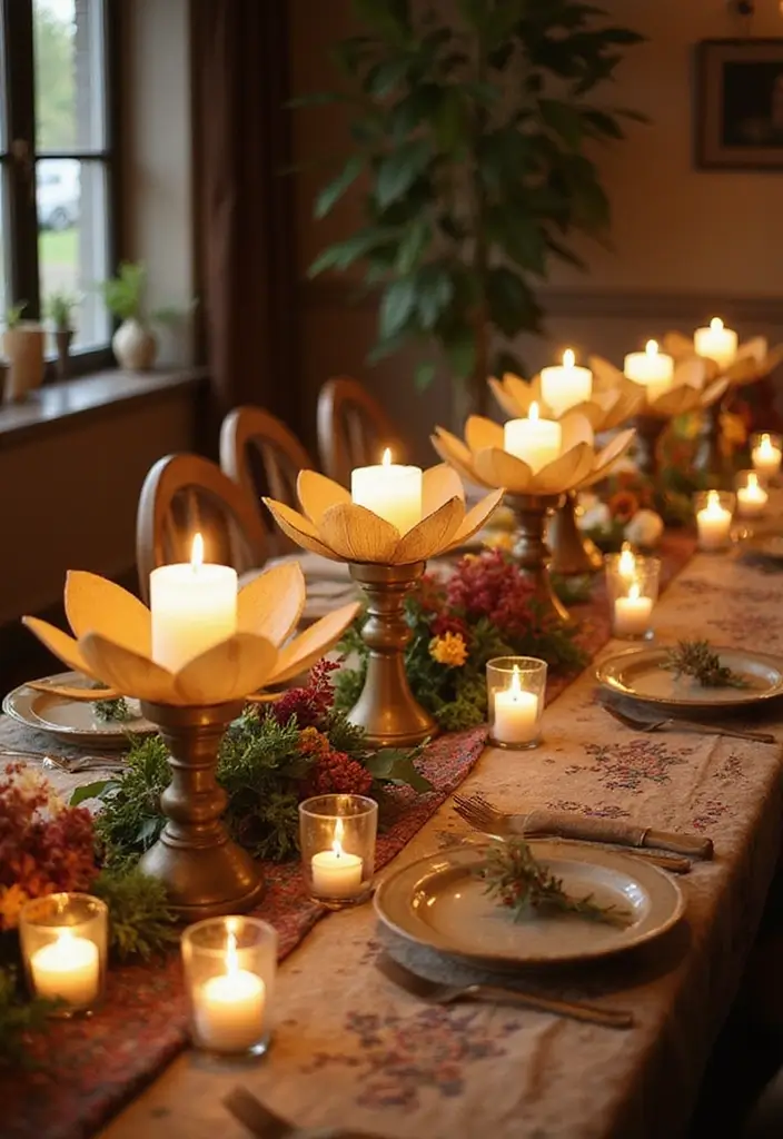 30 Metal Candle Stand Decor Ideas That Add Height and Drama 3 30 Metal Candle Stand Decor Ideas That Add Height and Drama - 3. Lotus Candle Holders as Centerpieces