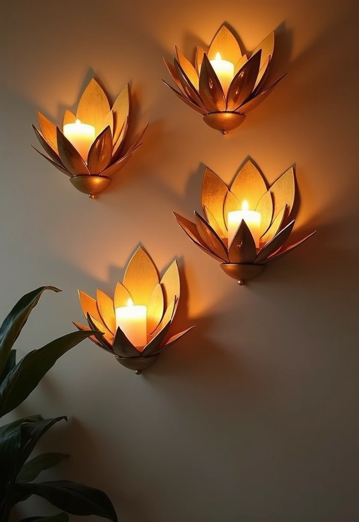 30 Metal Candle Stand Decor Ideas That Add Height and Drama 4 30 Metal Candle Stand Decor Ideas That Add Height and Drama - 4. Lotus-Inspired Candle Wall Art