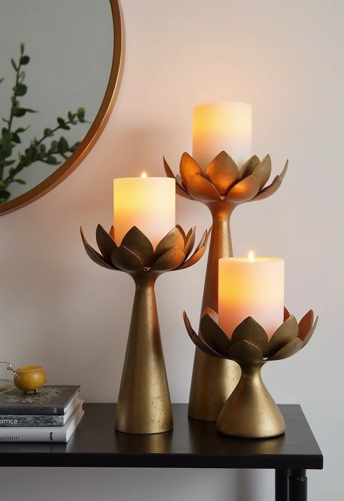 30 Metal Candle Stand Decor Ideas That Add Height and Drama 11 30 Metal Candle Stand Decor Ideas That Add Height and Drama - 5. Layered Lotus Candle Stands for Depth