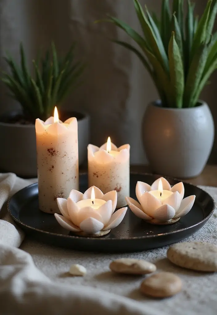 30 Metal Candle Stand Decor Ideas That Add Height and Drama 18 30 Metal Candle Stand Decor Ideas That Add Height and Drama - 8. Lotus Candle Holders on Stylish Trays