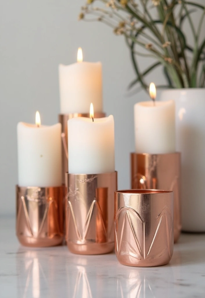 30 Rose Gold Candle Decor Ideas That Feel Modern and Feminine 58 30 Rose Gold Candle Decor Ideas That Feel Modern and Feminine - 18. Rose Gold Candle Holders with Geometric Designs