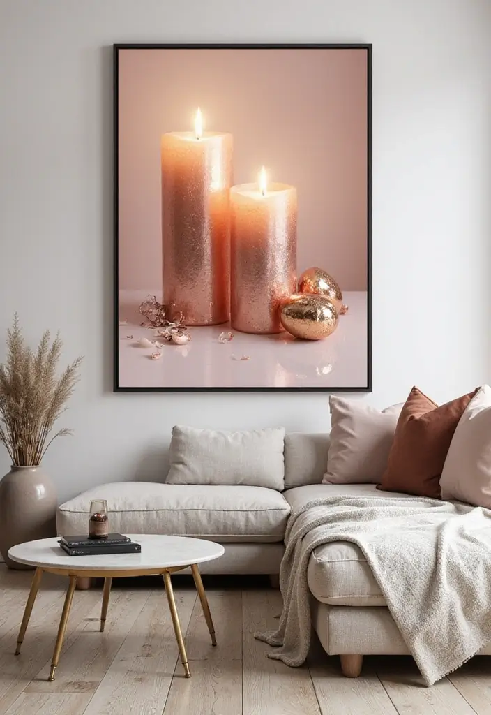 30 Rose Gold Candle Decor Ideas That Feel Modern and Feminine 73 30 Rose Gold Candle Decor Ideas That Feel Modern and Feminine - 21. Rose Gold Candle Inspired Wall Art