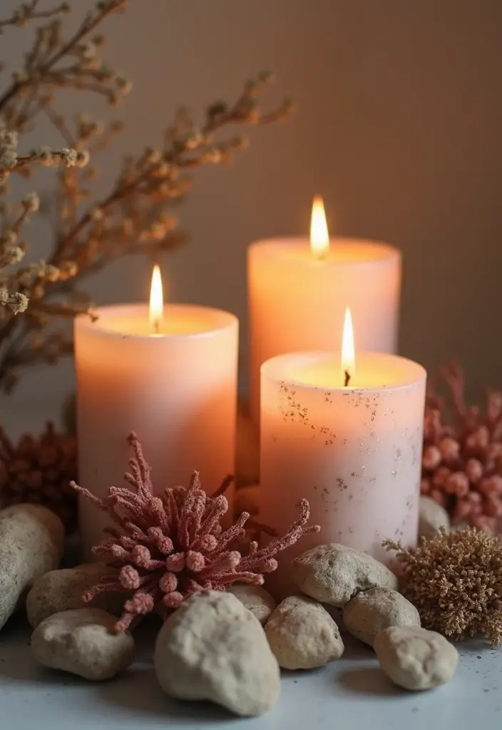 30 Rose Gold Candle Decor Ideas That Feel Modern and Feminine 103 30 Rose Gold Candle Decor Ideas That Feel Modern and Feminine - 27. Rose Gold Candle Displays with Natural Elements