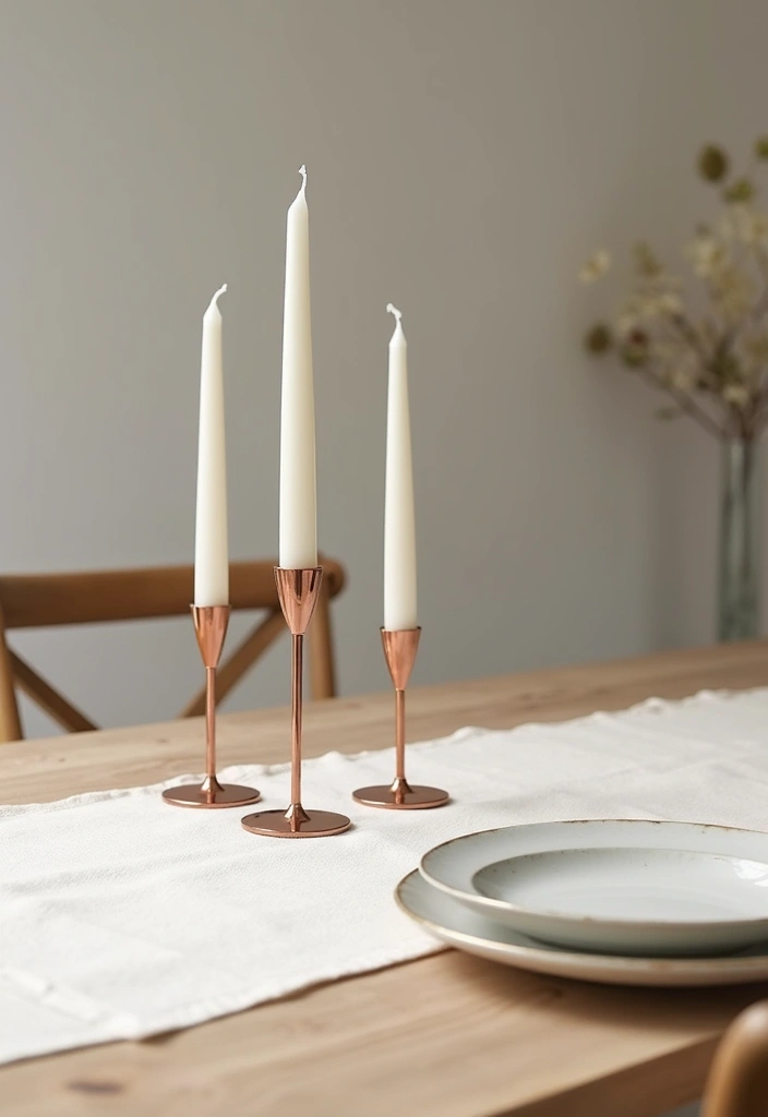 30 Taper Candlestick Decor Ideas for Elegant Dining Rooms 1 30 Taper Candlestick Decor Ideas for Elegant Dining Rooms - 1. Simple Rose Gold Elegance